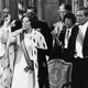 Queen Beatrix during her crowning ceremony at Nieuwe Kerk in Amsterdam on April 30, 1980. At right is her husband, Prince Claus.